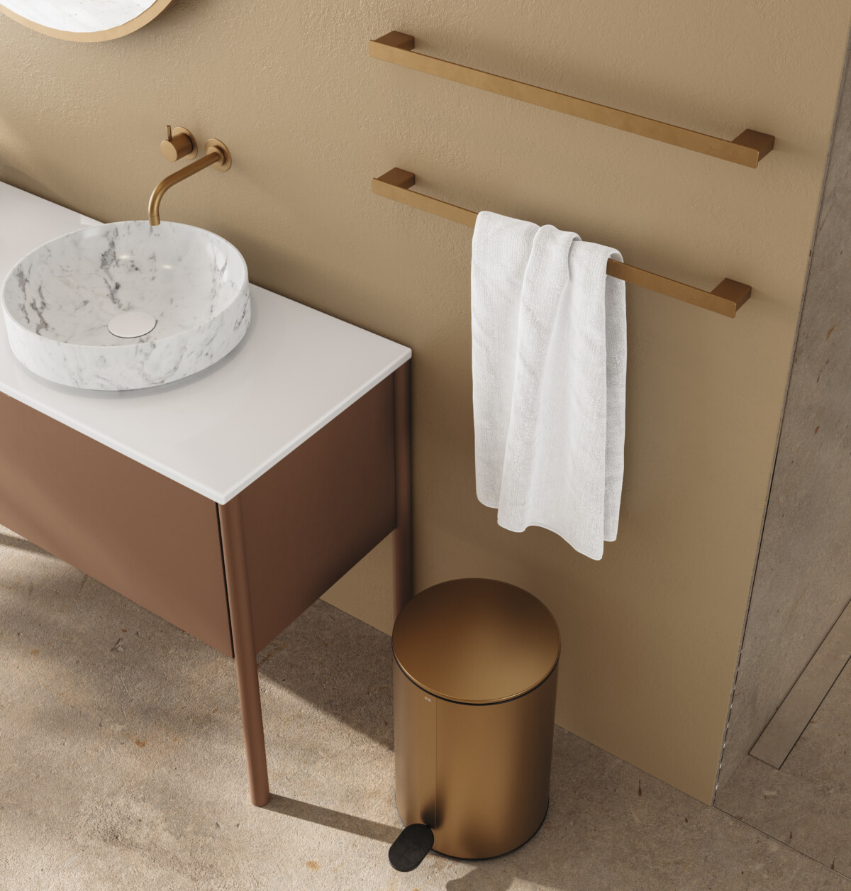 Unidrain Line High Line custom reframe pedal bin towel bar copper beige bathroom closeuo