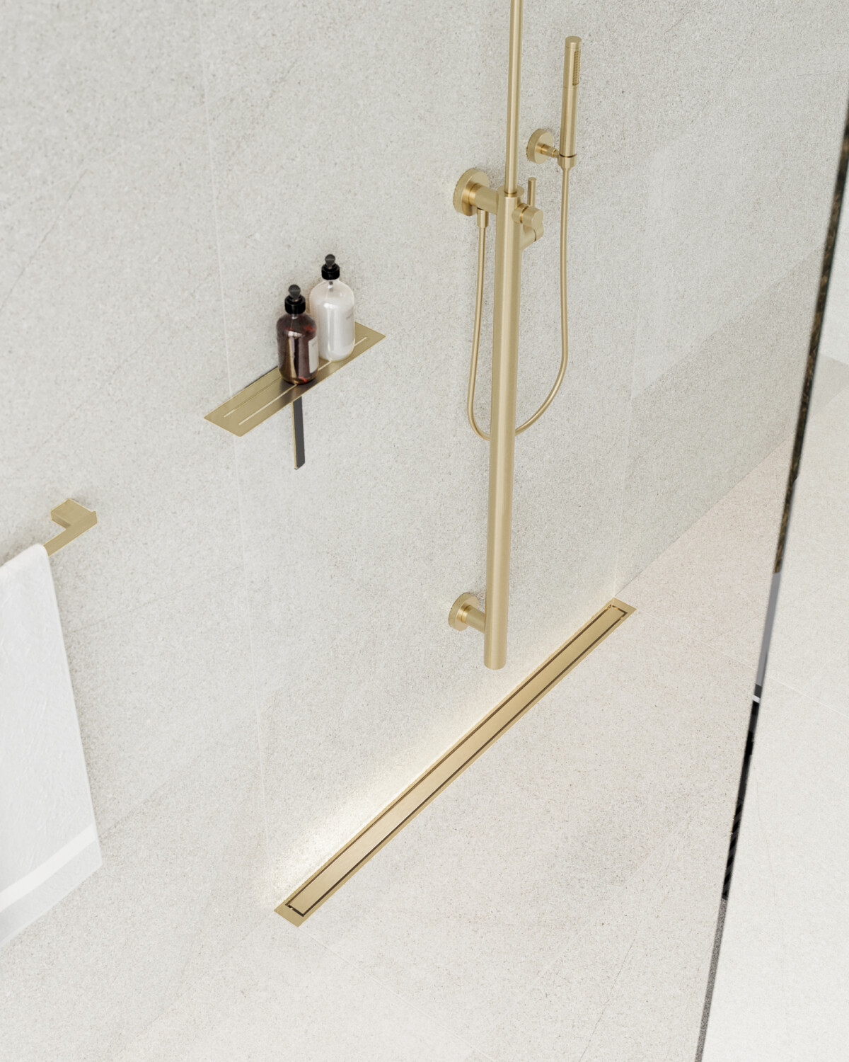 Unidrain Line HL brass reframe Soap shelf w wiper close up bath 1 1